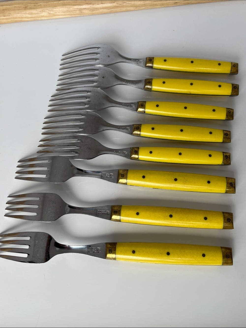 Vintage Bonniers France Yellow Handle Fork Set Brass Accent French Flatware - Picture 3 of 9